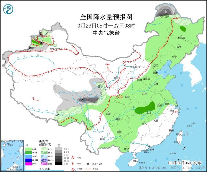 全国降水量预报图(3月26日08时-27日08时) 来源:中央气象台网站