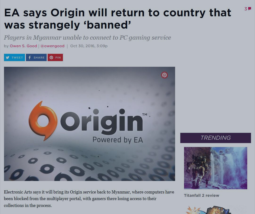 据美国游戏媒体polygon报道,ea将在缅甸重新开启旗下origin游戏平台