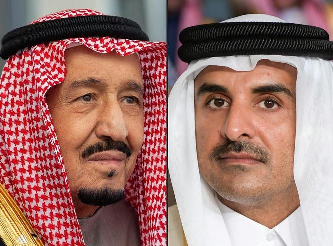 沙特国王萨勒曼(左)和卡塔尔埃米尔塔米姆资料图沙特外交大臣费