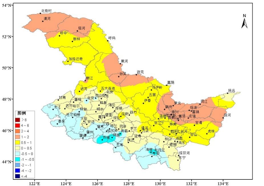 图5 黑龙江省2021年6月气温距平分布图(℃)△图6 黑龙江省2021年7
