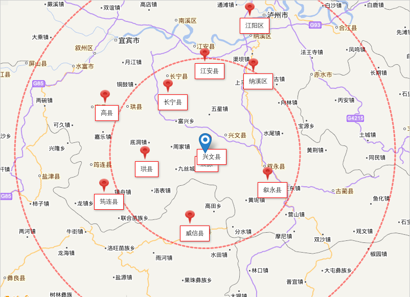 距离威信县37公里,距离长宁县37公里,距离江安县49公里,距离纳溪区50