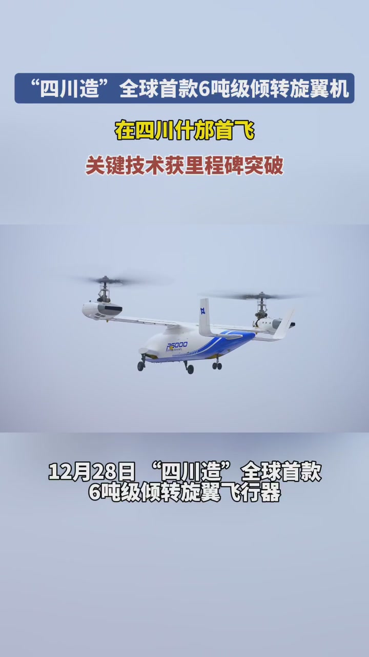 “四川造”全球首款6吨级倾转旋翼机首飞 关键技术获里程碑突破