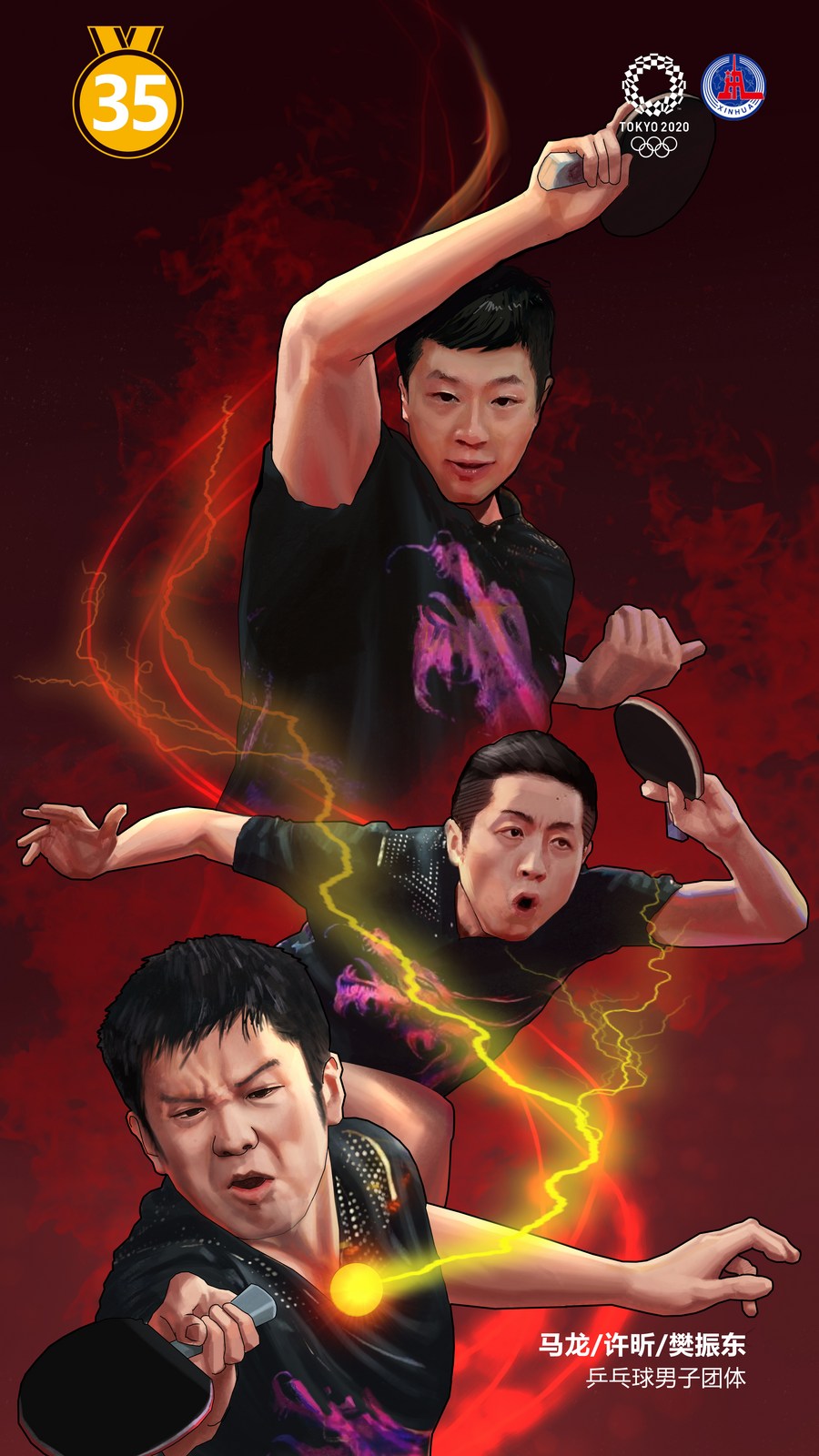 创意漫画奥运英雄乒乓球男女团体冠军