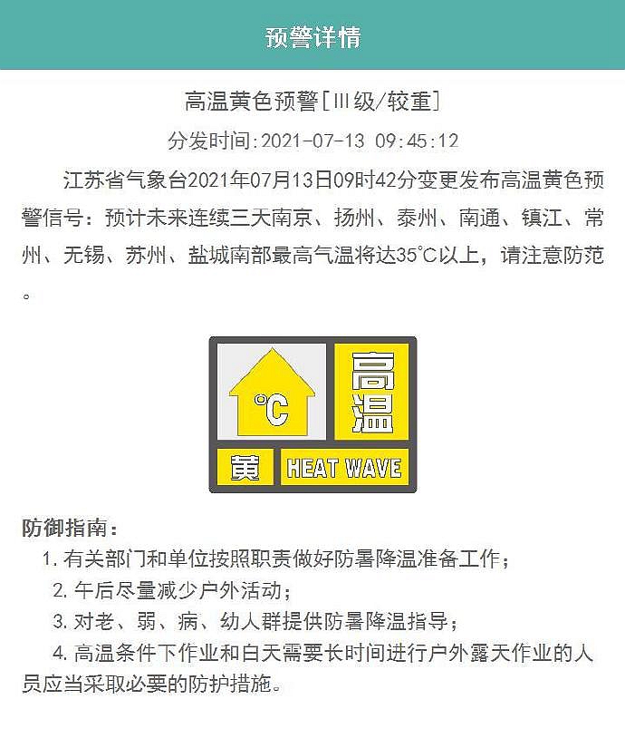 江苏省气象台7月13日9时42分变更发布高温黄色预警信号:预计未来连续