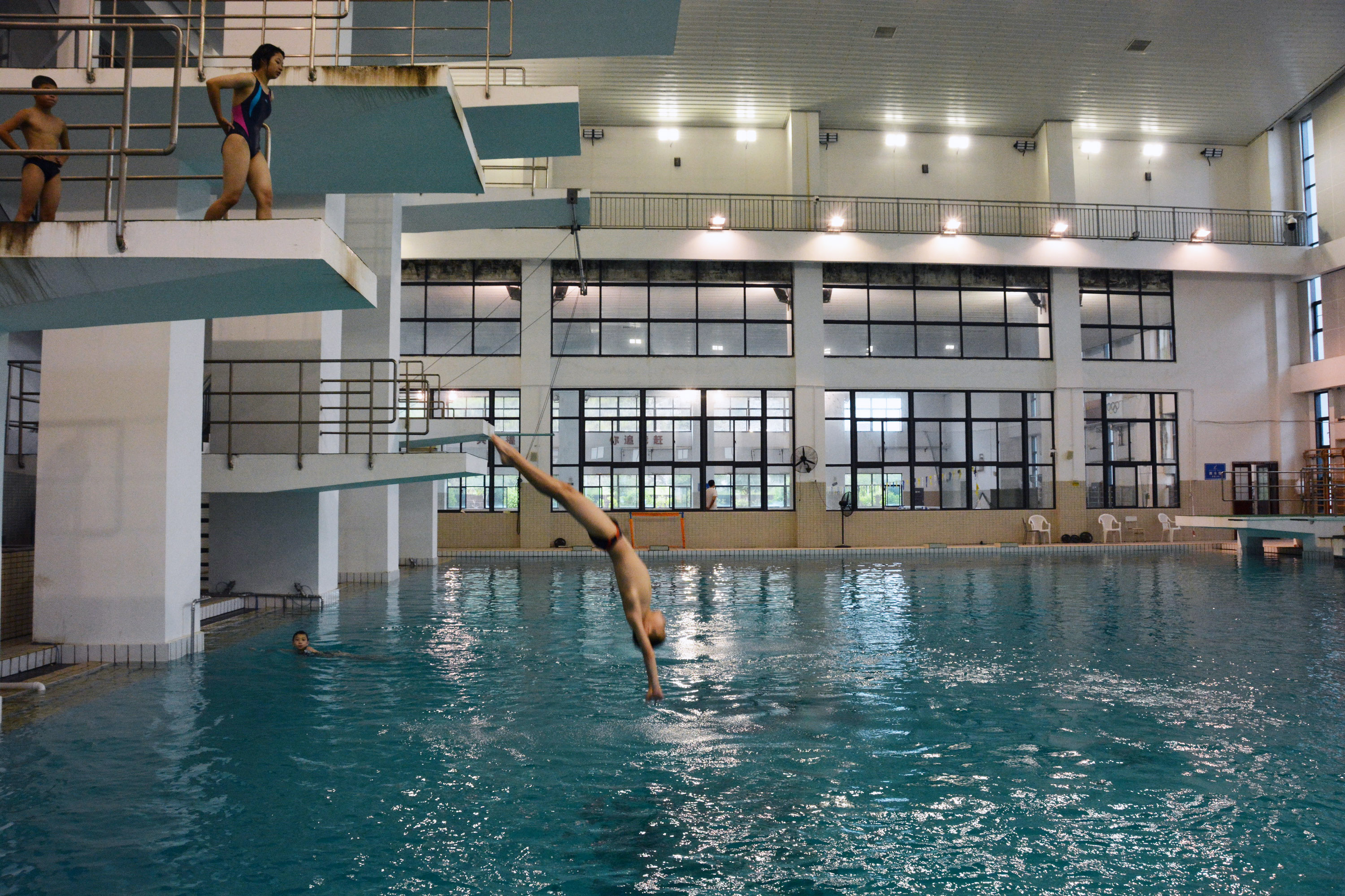 8月5日,跳水队员在福建省青少年体校跳水馆内训练.