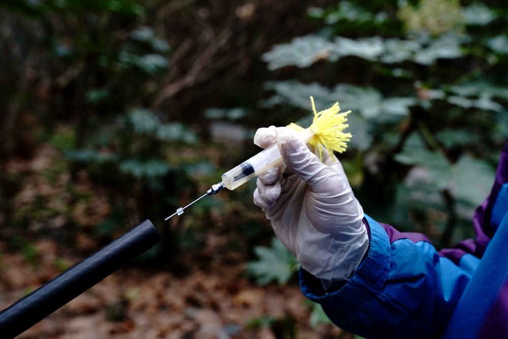 上海动物园的兽医将疫苗针塞进吹管 准备给动物注射↑兽医用吹管给