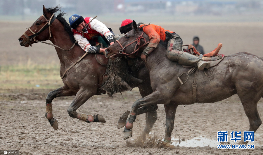 吉尔吉斯斯坦举行马背叼羊比赛骑手夺羊险象环生