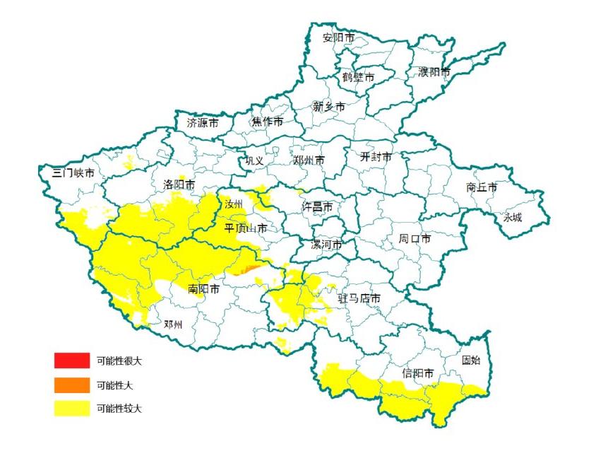 預警預報達到橙色預警的地區為:南陽東北部發生地質災害的可能性大