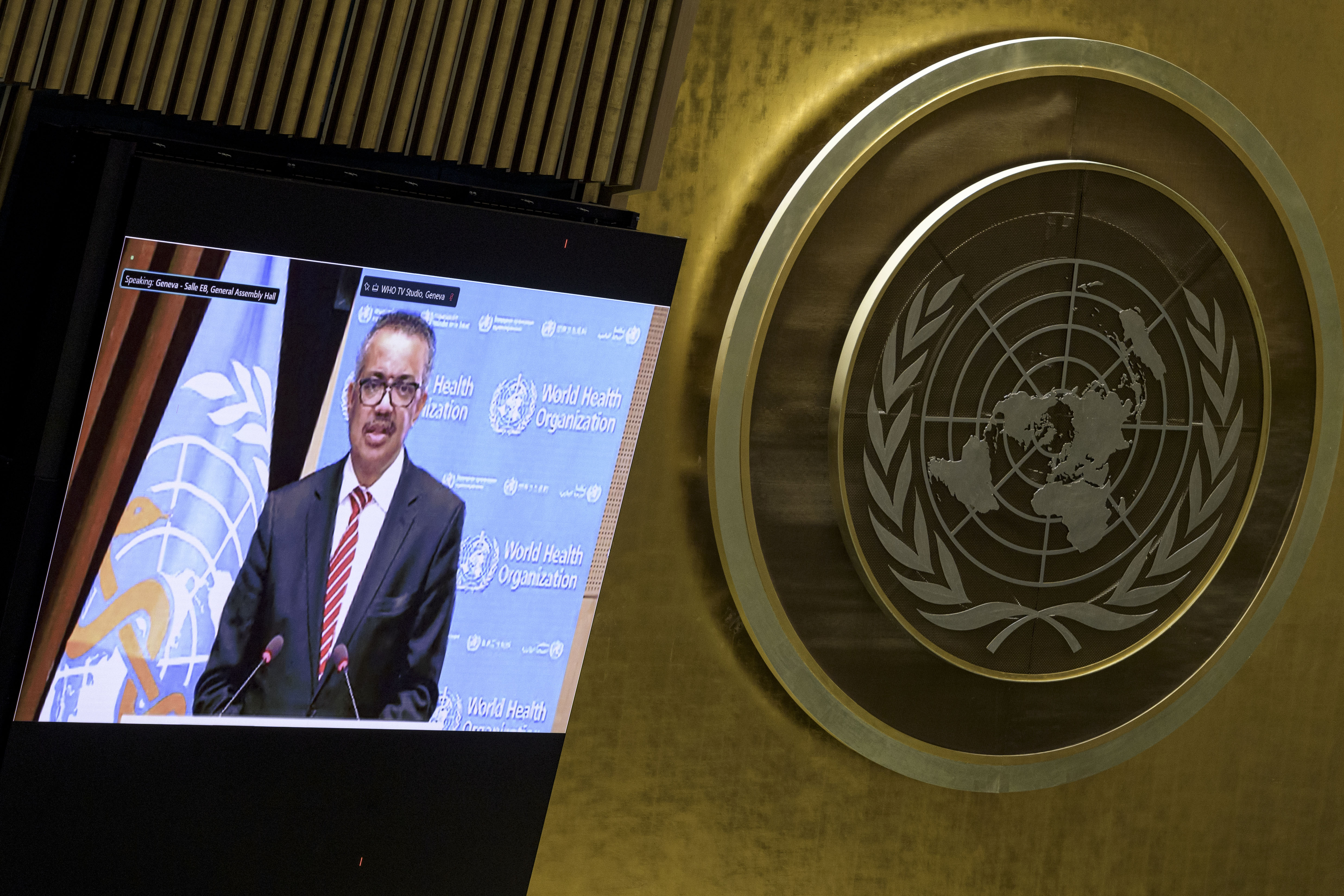 世界卫生组织总干事谭德塞在联合国大会新冠疫情特别会议上通过视频