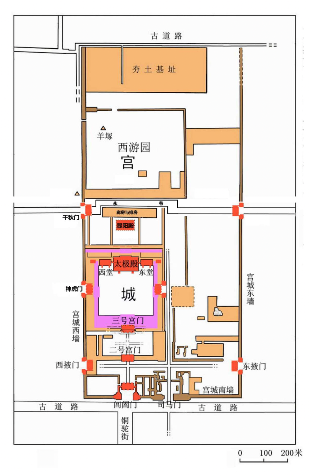 这是汉魏洛阳故城北魏宫城平面示意图(上为北).