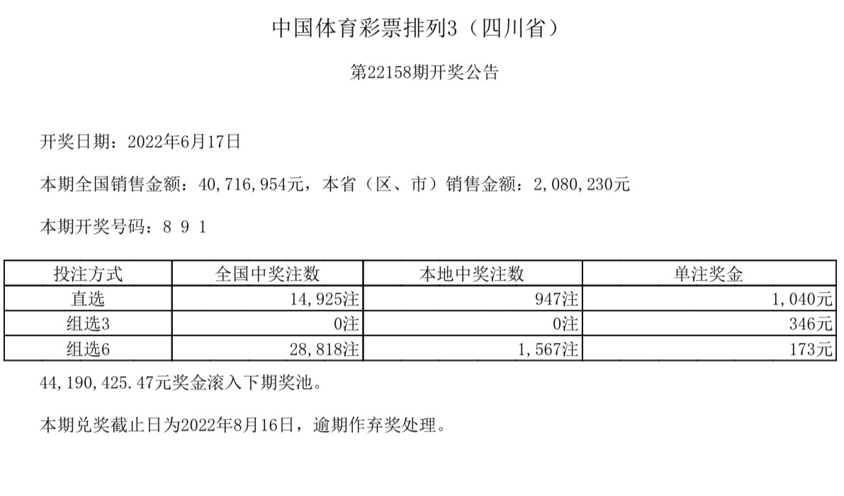 中国体育彩票6月17日开奖结果