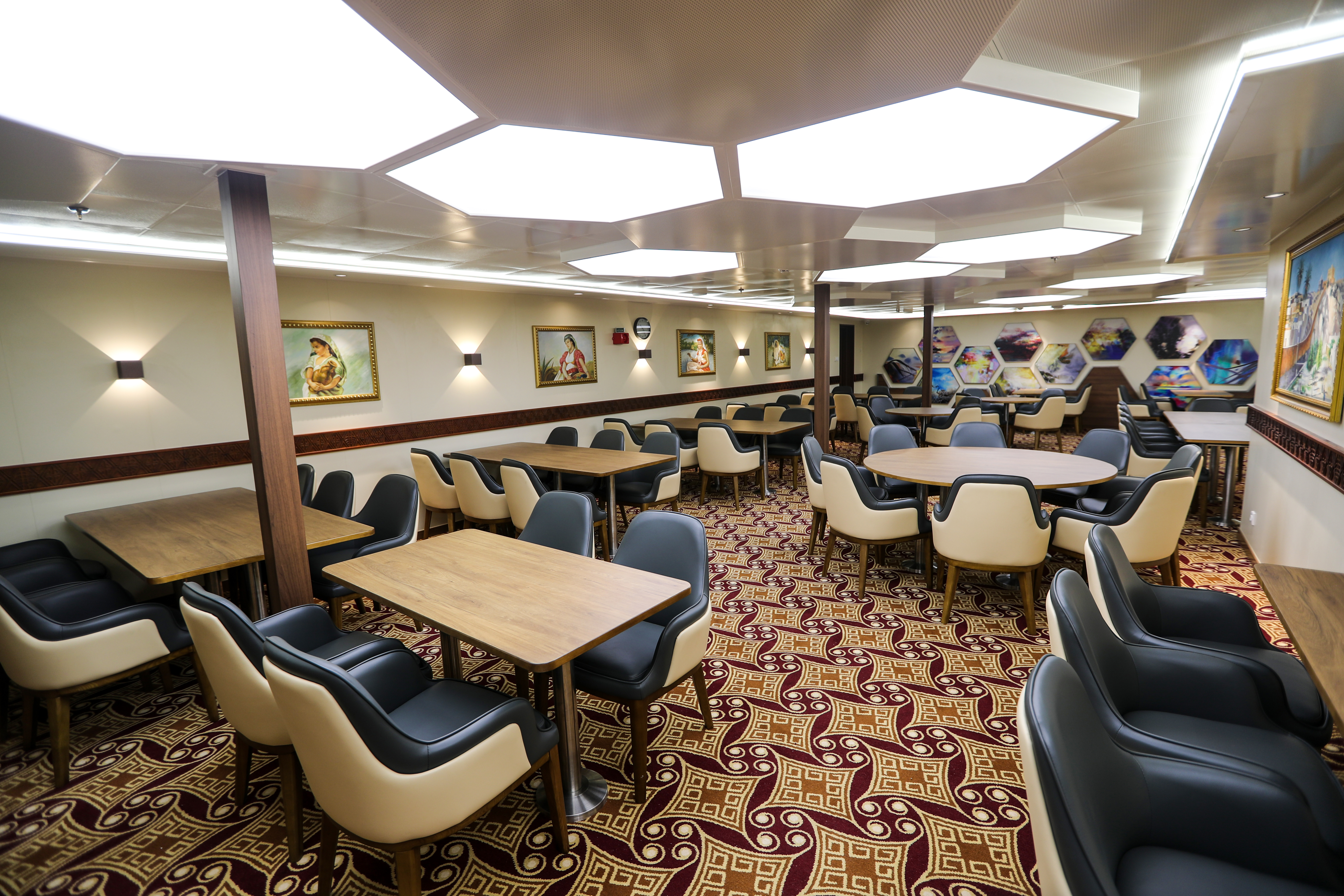 共有12层甲板,共计20000多平方米,设有500多个客房和近100个船员房间